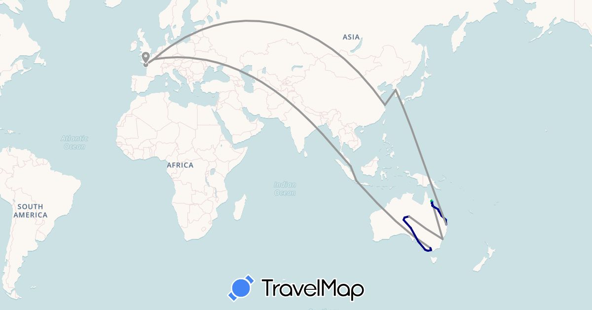 TravelMap itinerary: driving, bus, plane, hiking, boat in Australia, China, France, Indonesia, South Korea, Singapore (Asia, Europe, Oceania)